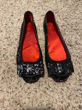 kate spade Black Sequin Bow Ballet Flats with Red Liner